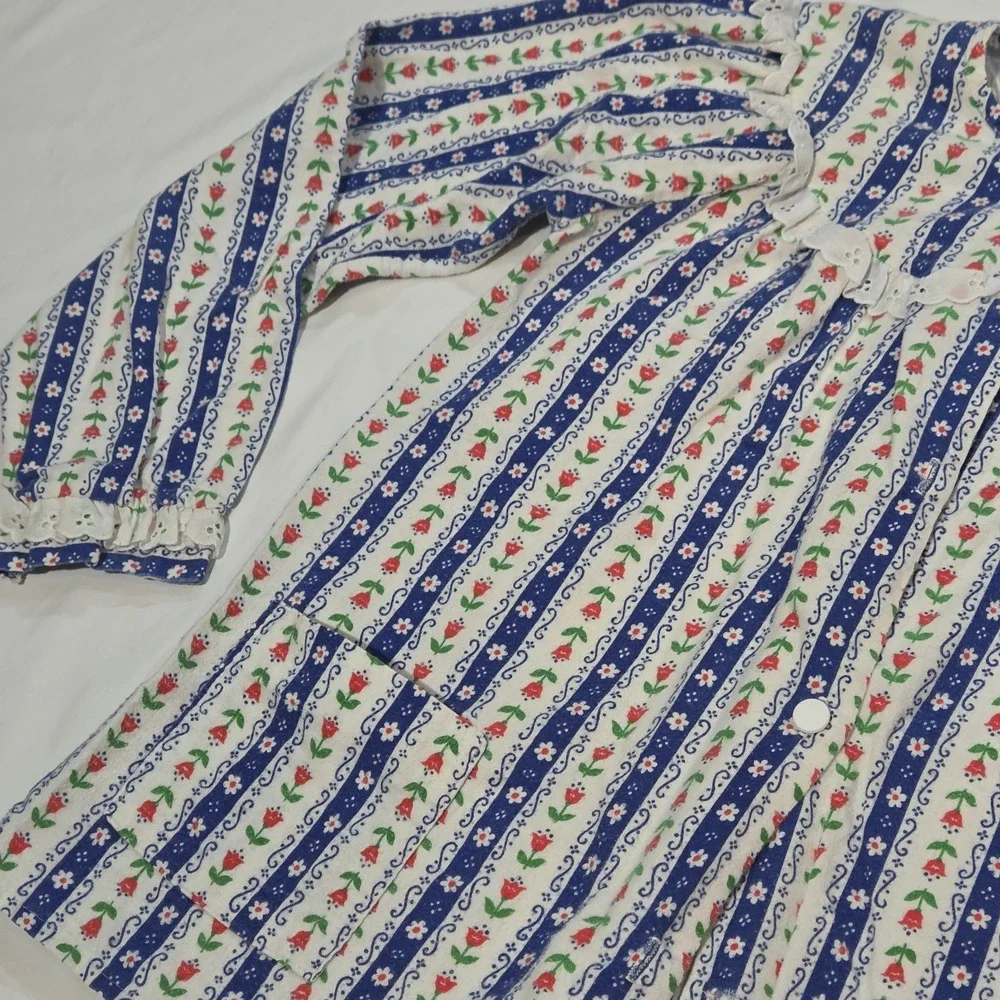 Kittens by Katz Girls Flannel Pajama Top M/L Ditsy Floral Stripe VTG Eyelet Lace